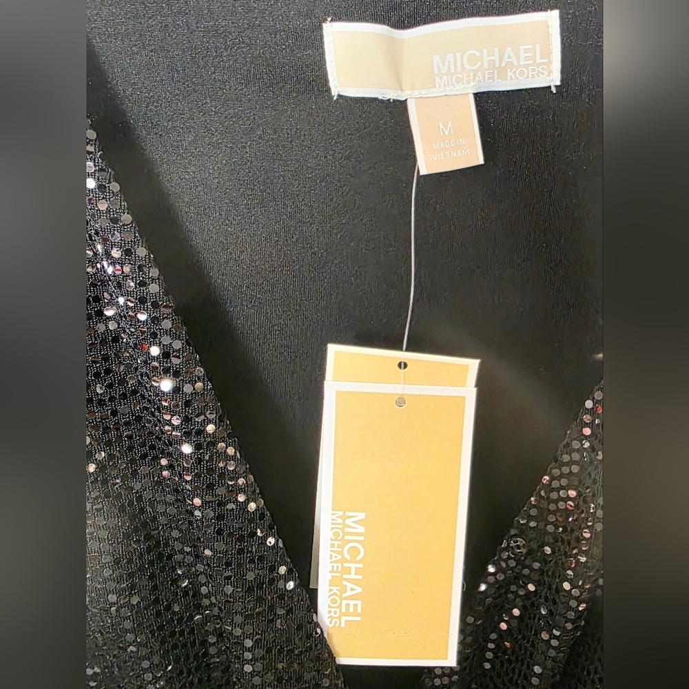 MICHAEL Michael Kors Black Mirror Dot Sequin Faux-Wrap Top Blouson Sleeve - Picture 7 of 8